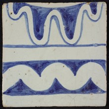 Tile of chimney pilaster, blue on white, horizontal blue border with white garland band in between, strongly slinging white band