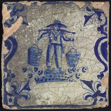 Figure tile, farmer with yoke with two buckets, corner pattern French lily, wall tile tile sculpture ceramic earthenware glaze
