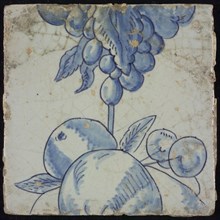 Tile of chimney pilaster, blue on white, part of up and down continuous representation with fruits, including grapes, chimney