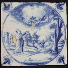 Scene tile, circle in which Elijah from heaven presents his cloak to Elisa on the ground, corner motif carnation, wall tile
