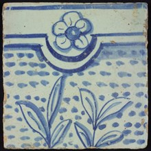 Tile of chimney pilaster, blue on white, top of two branches with horizontal border with scallop and five-leaf rosette