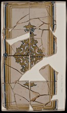 Tile panel, two times four tiles, blue and ocher yellow on white, central an ornament and frame of ocher and blue borders, tile