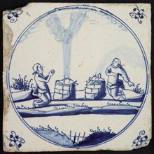 Scene tile, in landscape sacrifice of Abel and sacrifice of Cain, corner motif spider, wall tile tile sculpture ceramic