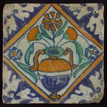 Tile, orange, brown, green and blue on white, flowerpot in square, corner pattern palm, wall tile tile sculpture ceramic