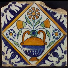 Tile, orange, brown, green and blue on white, flowerpot in square, corner pattern palm, wall tile tile sculpture ceramic