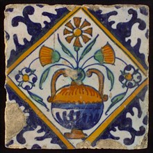 Tile, orange, brown, green and blue on white, flowerpot in square, corner pattern palm, wall tile tile sculpture ceramic