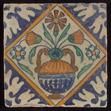Tile, orange, brown, green and blue on white, flowerpot in square, corner pattern palmet, wall tile tile sculpture ceramic