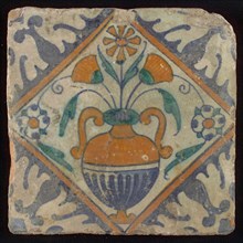 Tile, orange, brown, green and blue on white, flowerpot in square, corner pattern palm, wall tile tile sculpture ceramic