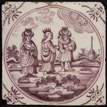 Scene tile, three kings in landscape, corner motif ox's head, wall tile tile sculpture ceramic earthenware glaze, baked 2x