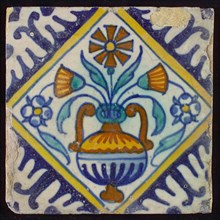 Tile, orange, brown, green and blue on white, flowerpot in square, corner pattern palm, wall tile tile sculpture ceramic