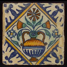 Tile, orange, brown, green and blue on white, flowerpot in square, corner pattern palmet, wall tile tile sculpture ceramic