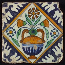 Tile, orange, brown, green and blue on white, flowerpot in square, corner pattern palm, wall tile tile sculpture ceramic