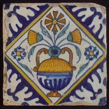 Tile, orange, brown, green, and blue on white, flowerpot in square, corner pattern palm, wall tile tile sculpture ceramic