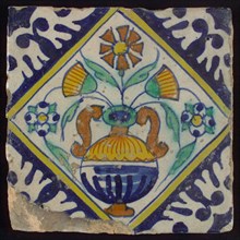 Tile, orange, brown, green, and blue on white, flowerpot in square, corner pattern palm, wall tile tile sculpture ceramic