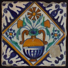 Tile, orange, brown, green, and blue on white, flowerpot in square, corner pattern palm, wall tile tile sculpture ceramic