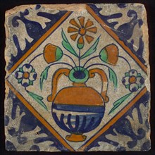 Tile, orange, brown, green, and blue on white, flowerpot in square, corner pattern palm, wall tile tile sculpture ceramic