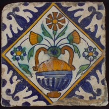 Tile, orange, brown, green, and blue on white, flowerpot in square, corner pattern palm, wall tile tile sculpture ceramic