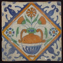 Tile, orange, brown, green, and blue on white, flowerpot in square, corner pattern palm, wall tile tile sculpture ceramic