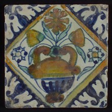 Tile in orange, brown, green, and blue on white, flowerpot in square, corner pattern palmet, wall tile tile sculpture ceramic