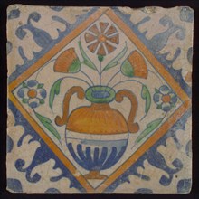 Tile, orange, brown, green, and blue on white, flowerpot in square, corner pattern palm, wall tile tile sculpture ceramic