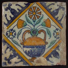 Tile, orange, brown, green, and blue on white, flowerpot in square, corner pattern palm, wall tile tile sculpture ceramic