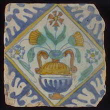 Tile, orange, brown, green, and blue on white, flowerpot in square, corner pattern palm, wall tile tile sculpture ceramic