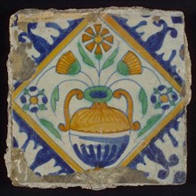 Tile, orange, brown, green, and blue on white, flowerpot in square, corner pattern palm, wall tile tile sculpture ceramic