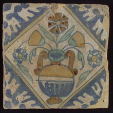 Tile, orange, brown, green, and blue on white, flowerpot in square, corner pattern palmet, wall tile tile sculpture ceramic