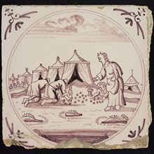 Scene tile, horned Moses with three men picking up manna, corner pattern ox head, wall tile tile sculpture ceramic earthenware
