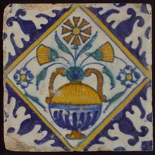 Tile, orange, brown, green, and blue on white, flowerpot in square, corner pattern palm, wall tile tile sculpture ceramic