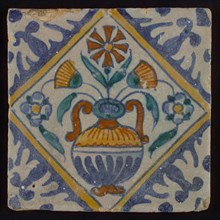 Tile, orange, brown, green, and blue on white, flowerpot in square, corner pattern palm, wall tile tile sculpture ceramic