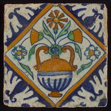 Tile, orange, brown, green, and blue on white, flowerpot in square, corner pattern palm, wall tile tile sculpture ceramic