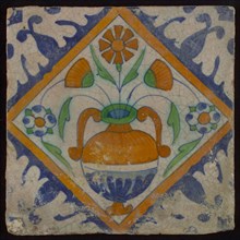 Tile, orange, brown, green, and blue on white, flowerpot in square, corner pattern palm, wall tile tile sculpture ceramic