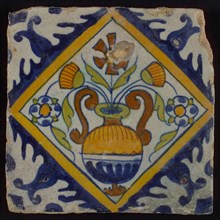 Tile, orange, brown, green, and blue on white, flowerpot in square, corner pattern palmet, wall tile tile sculpture ceramic