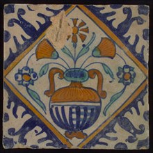 Tile, orange, brown, green, and blue on white, flowerpot in square, corner pattern palm, wall tile tile sculpture ceramic