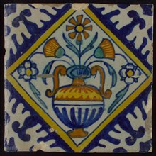 Tile, orange, brown, green, and blue on white, flowerpot in square, corner pattern palm, wall tile tile sculpture ceramic