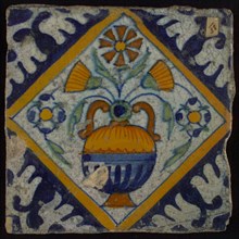Tile, orange, brown, green, and blue on white, flowerpot in square, corner pattern palm, right side bevelled, wall tile