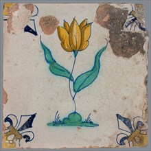 Tile, flower on ground in yellow, brown, green and blue on white, corner pattern french lily, corner point yellow, wall tile