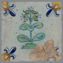 Tile, flower on ground in orange, yellow, green and blue on white, corner pattern french lily, corner point yellow, wall tile