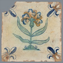 Tile, flower on ground in orange, brown, green and blue on white, corner pattern french lily, corner point orange, wall tile