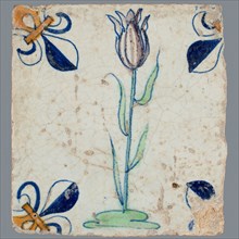 Tile, flower on ground in purple, orange, green and blue on white, corner pattern french lily, corner point orange, wall tile