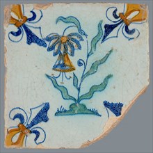 Tile, flower on ground in orange, yellow, green and blue on white, corner pattern french lily, corner point yellow and orange