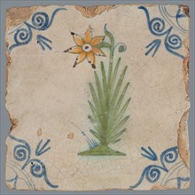 Tile, flower on ground in orange, brown, green and blue on white, corner pattern ox head, wall tile tile sculpture ceramic