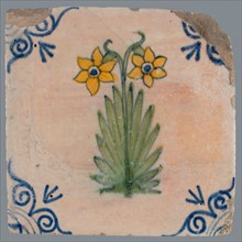 Tile, double flower on piece of land in yellow, orange, green and blue on white, corner pattern ossenkop, wall tile