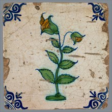 Tile, double flower on ground in orange, green and blue on white, corner pattern ox head, wall tile tile sculpture ceramics