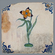 Tile, flower on ground in orange, purple, green and blue on white, corner pattern ox head, wall tile tile sculpture ceramic