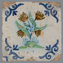 Tile, flower on ground in orange, purple, green and blue on white, corner pattern ox head, wall tile tile sculpture ceramic