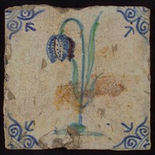 Tile, flower on ground in purple, green and blue on white, corner pattern ox head, wall tile tile sculpture ceramic earthenware