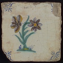 Tile, butterfly and flower on ground in yellow, brown, green and blue on white, corner pattern ox head, wall tile tile sculpture