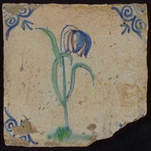 Tile, flower on spot in purple, green and blue on white, corner pattern ox head, wall tile tile sculpture ceramic earthenware